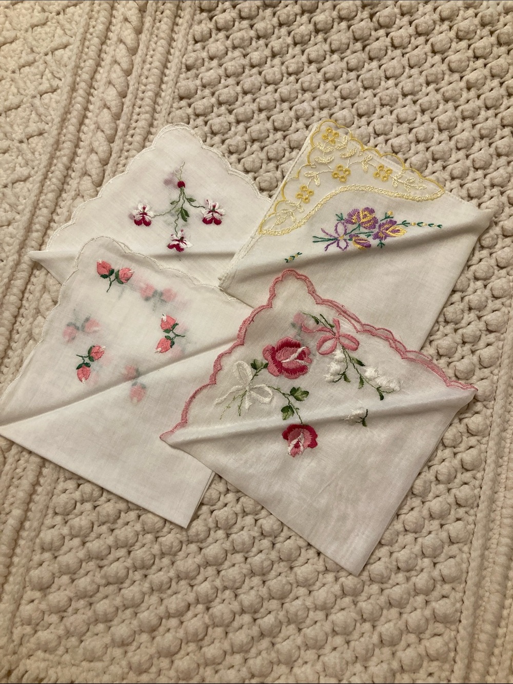 Embroidered Floral Handkerchiefs - Pink Rose Accents